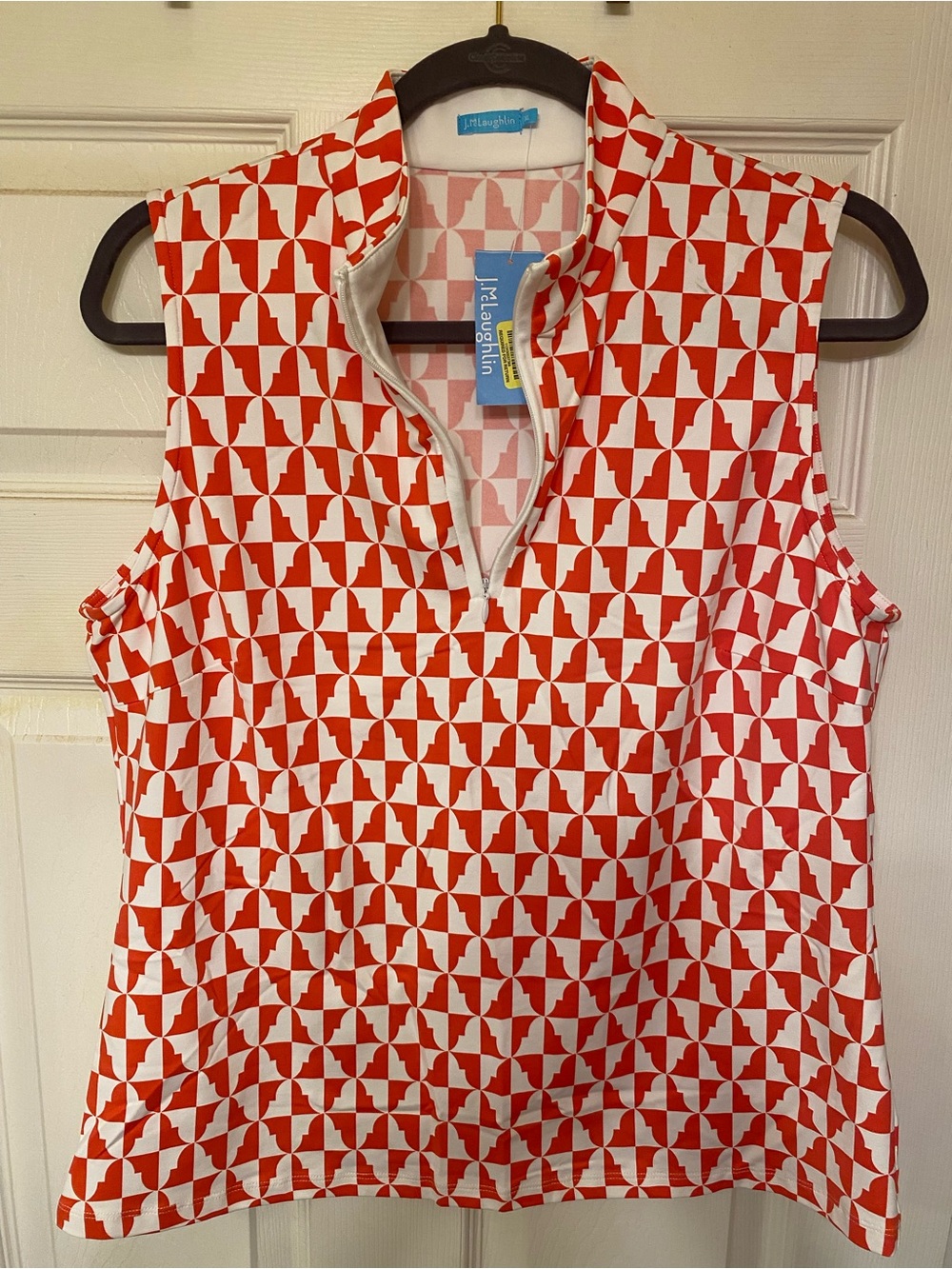 J. McLaughlin Red and White Geometric Sleeveless Zip Mock Neck Tank